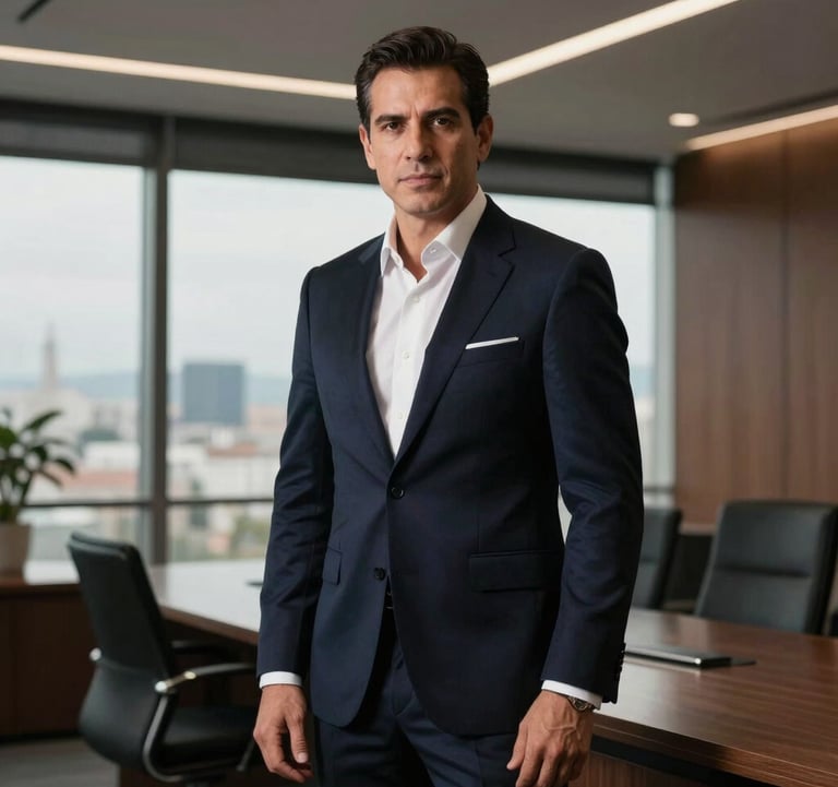A powerful portrait of Adrián Eduardo Andrade Castro in a dark navy tailored suit, standing in a modern corporate office overlooking Cuenca. Lighting is dramatic and authoritative, Forbes style.