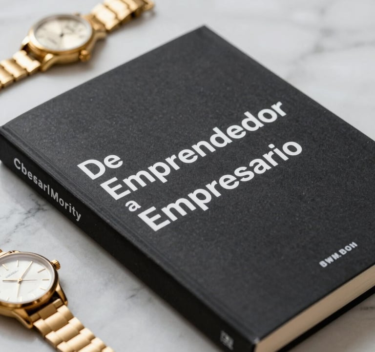 Minimalist close-up of a high-end book cover titled 'De Emprendedor a Empresario', resting on a marble surface next to a gold watch, representing success and literature.