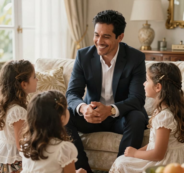 A warm, natural light photography of a professional Ecuadorian businessman sharing a joyful moment with his family in a sophisticated living room. Soft gold and white tones, human-centric and elegant.