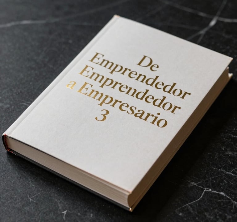 Close-up photography of the book 'De Emprendedor a Empresario' on a minimalist black marble surface. Sharp focus, gold foil details on the cover, elegant shadows, aspirational business style.