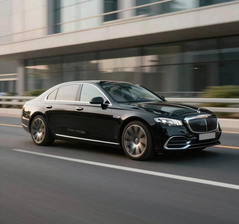 A sleek, black high-end sedan driving through a modern Dubai highway. Motion blur on the wheels, sharp focus on the chassis. Lighting highlights the metallic finish with #F5F8FA reflections and #4A6F8A tones in the asphalt.