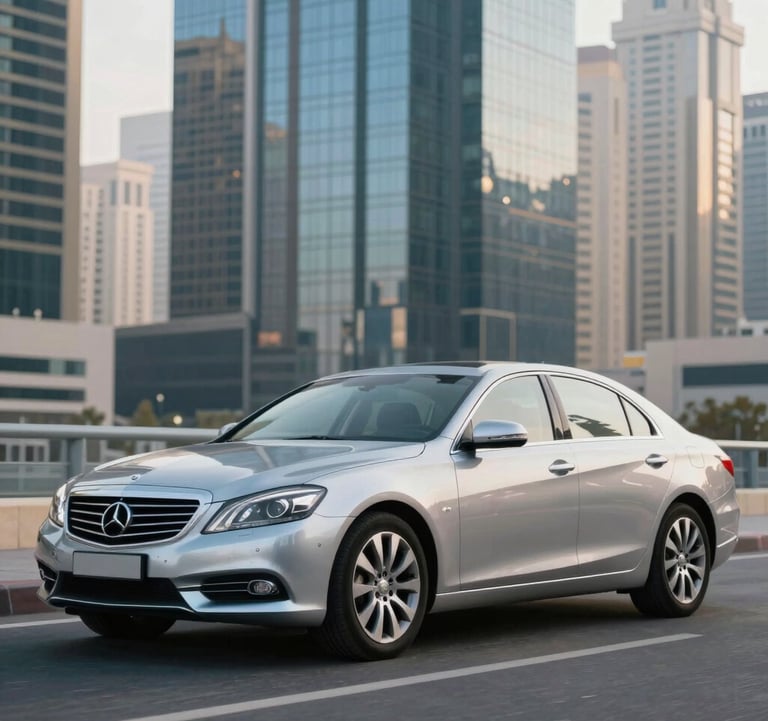 An executive silver sedan parked in front of a modern glass skyscraper in Dubai's financial district. The lighting is clean and professional, with high-contrast reflections of #B8CEDE and #4A6F8A on the car's body.