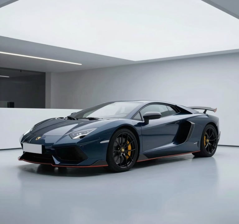 A high-performance exotic car in a minimalist modern showroom, sophisticated lighting emphasizing power and luxury, with a color palette focus on #0A1128 and #B8CEDE.