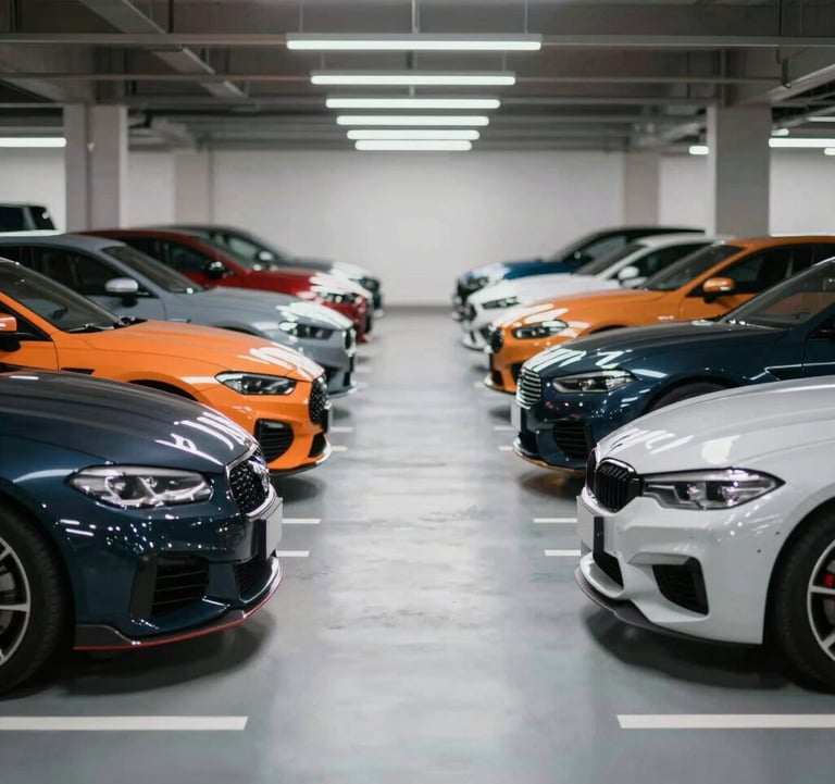 A row of luxury vehicles lined up perfectly in a bright, high-end parking garage. The composition is symmetrical, highlighting a variety of colors from #0A1128 to #F5F8FA, emphasizing choice and volume.