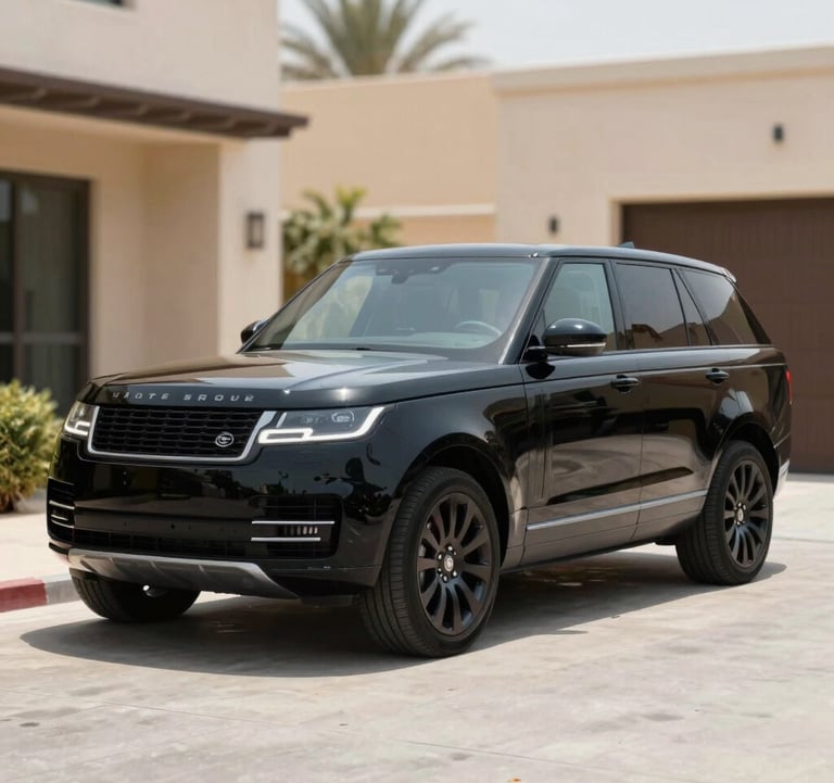 A premium black SUV parked in a luxury residential driveway in Dubai, reflecting the bright desert sun. The composition is a sharp 3/4 front view, incorporating the sleek #0A1128 and #4A6F8A tones in the vehicle's paint and surroundings.