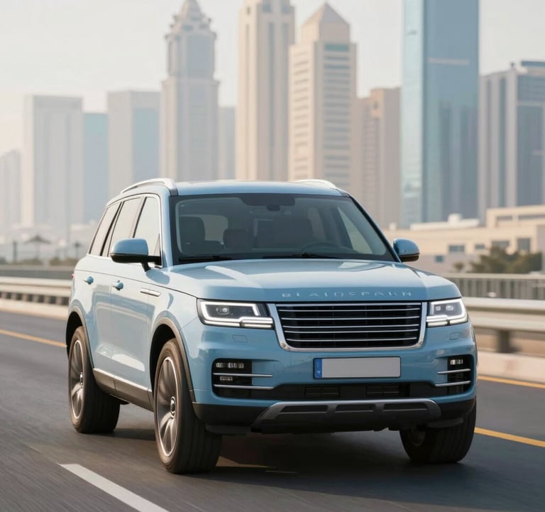A front-angle shot of a premium SUV on a clean Dubai highway, morning light, high-end automotive commercial style, incorporating #F5F8FA and #4A6F8A.