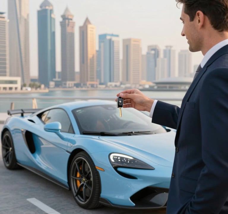 A satisfied customer receiving keys to a luxury sports coupe in front of a modern Dubai Marina backdrop, high-end atmosphere, professional lighting, using #F5F8FA and #4A6F8A.