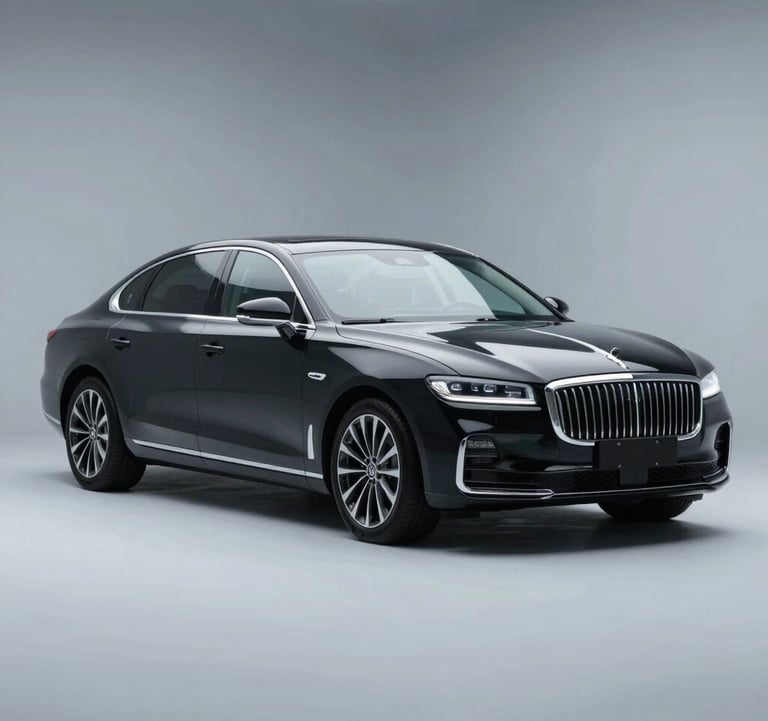 A sleek black executive sedan in a professional studio setting, high-contrast lighting highlighting the elegant roofline and chrome details, incorporating #4A6F8A and #B8CEDE reflections.