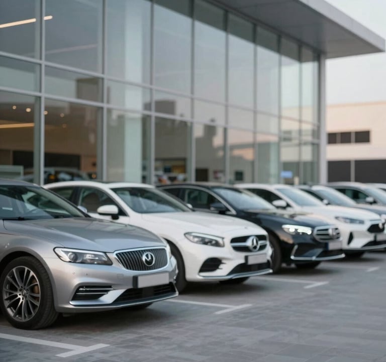 A collection of high-end vehicles lined up outside a modern glass-fronted dealership in Dubai, professional composition, clean and sophisticated lines.