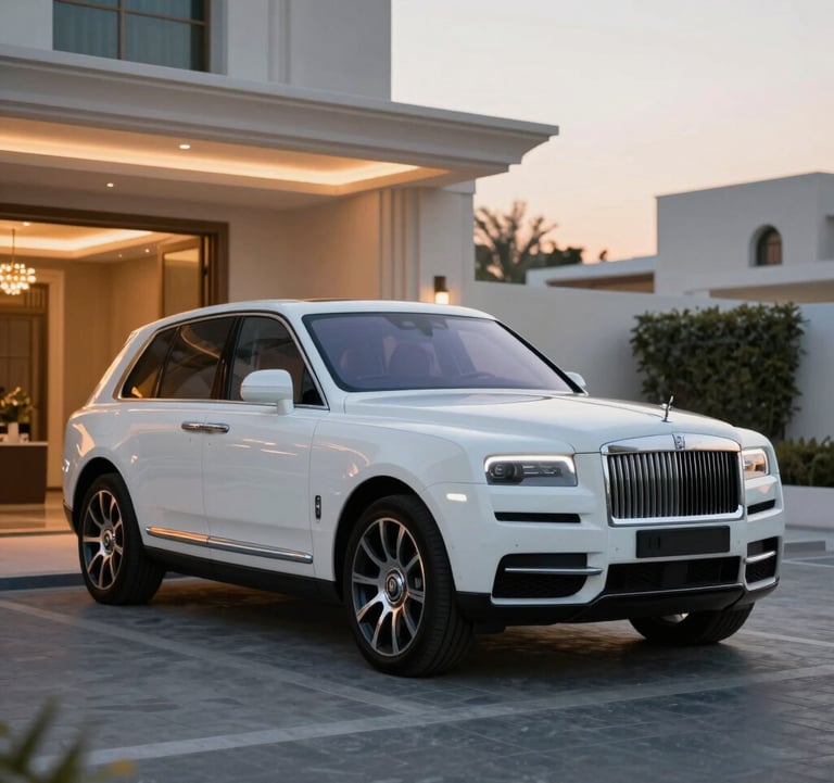 A luxury white SUV parked at a premium Dubai residential entrance at sunset, elegant lighting, reflecting #B8CEDE and #F5F8FA tones in the glossy paint.
