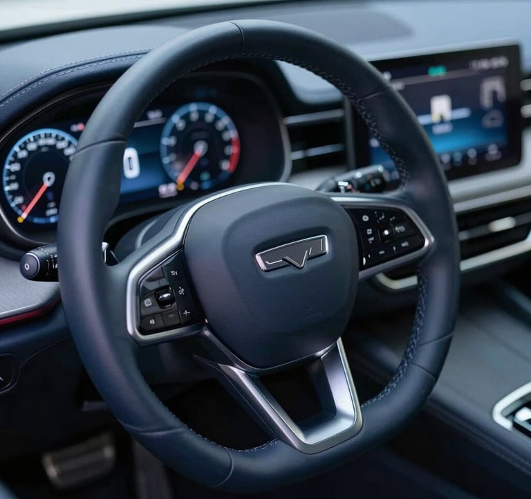 A top-down view of a luxury car steering wheel and dashboard, featuring premium leather stitching and digital displays. The color palette emphasizes #0A1128 leather and #B8CEDE glows from the interface.