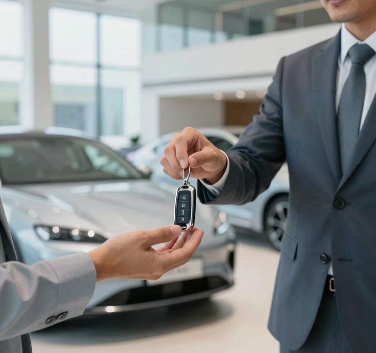 A professional interaction in a minimalist, sun-drenched Dubai car showroom. A consultant is handing over a sleek key fob to a client. High-end glass architecture, blurred luxury cars in the background. Colors include #F5F8FA and soft #4A6F8A.