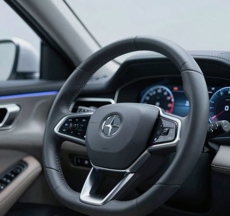 Macro shot of a high-end leather steering wheel and digital dashboard of a premium vehicle. The interior is modern and sophisticated, with soft ambient lighting in #4A6F8A and #B8CEDE tones. Professional automotive photography style.