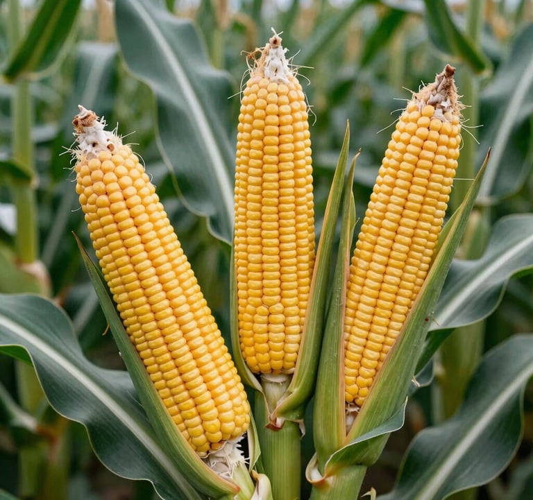 Close-up of healthy corn ears in a vibrant green field, sharp focus, natural daylight, representing high-yield South American agricultural commodities.