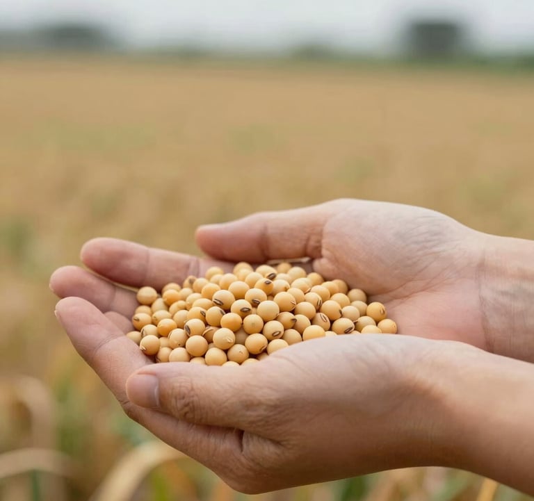 Close-up of premium soybean seeds being held by a professional in a field, clean hands, soft focus background of a farm, South American context.