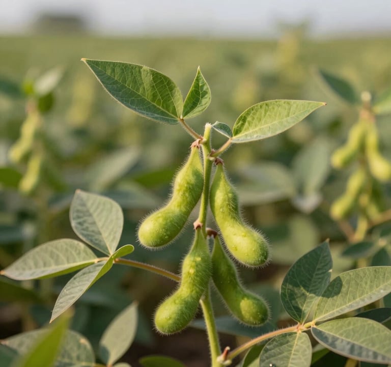 Close-up of healthy green soybean leaves in a sunlit Brazilian field, representing agricultural growth and high-performance commodities. Soft focus background, premium professional photography.