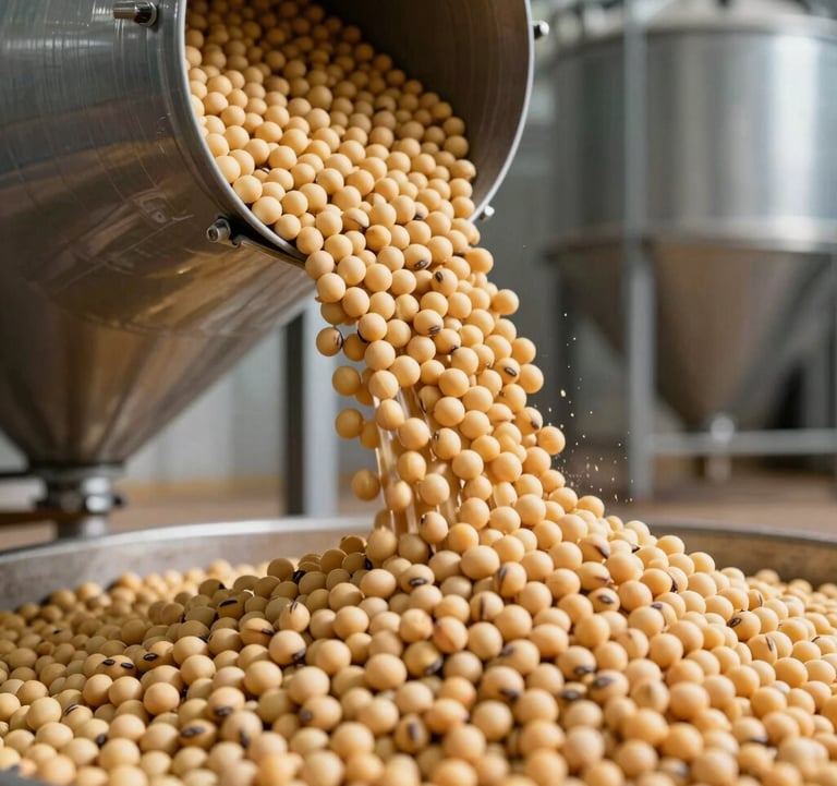 Detailed view of harvested soybeans being poured into a storage silo, metallic textures, professional lighting, representing wealth and production.