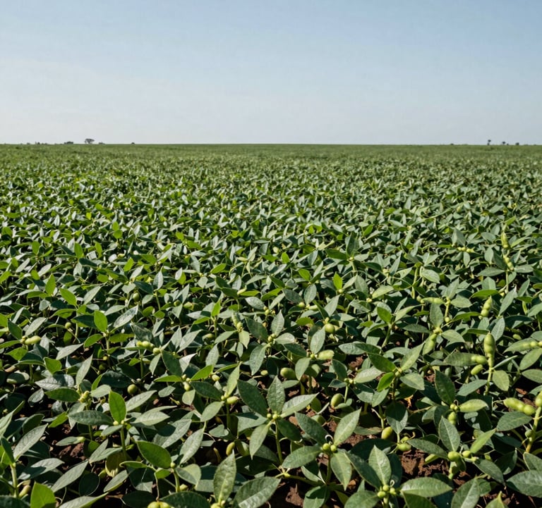 Wide, high-resolution shot of a vibrant green soybean plantation under a clear sky. The focus is on the health and density of the crop, symbolizing growth and high-performance agricultural production in Brazil.