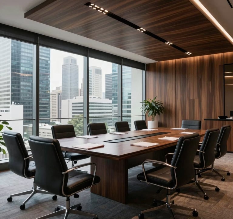 A modern, high-end meeting room in a Brazilian financial district, featuring dark wood and glass accents. A professional atmosphere reflecting institutional investment and financial security.
