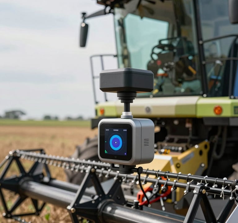 Close-up photography of modern agricultural technology in a South American field. A high-tech sensor drone or GPS unit mounted on a modern harvester, symbolizing precision and capital markets technology applied to the agro sector. Sharp focus, daylight, clean aesthetic.