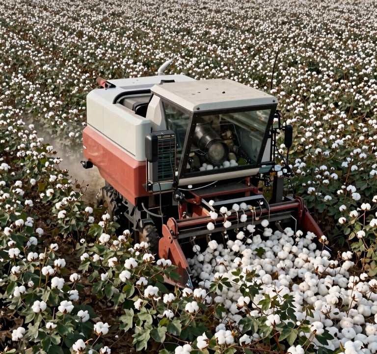 Modern agricultural machinery operating in a vast cotton field, white fibers contrasting with dark green leaves, daytime, high-resolution photography.