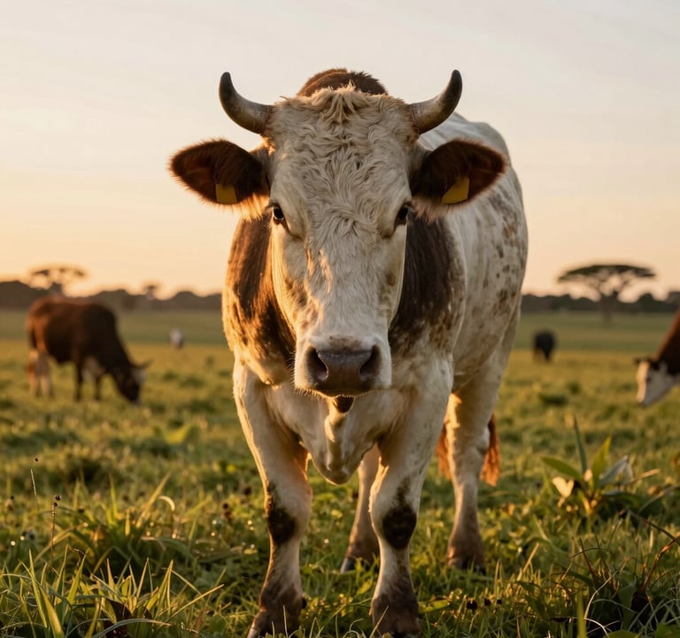 Close-up photography of prime beef cattle grazing in a lush, managed South American pasture during sunset. The lighting is warm and golden, emphasizing quality and high-standard livestock management.
