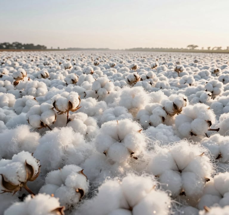Clean, high-end photograph of a massive cotton harvest at dawn. The white cotton fibers stand out against the soft morning light, showcasing the scale and premium quality of Brazilian commodities.