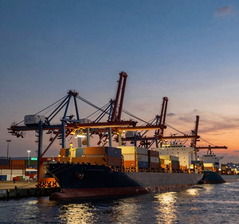 Wide shot of a modern Brazilian shipping port at dusk, specifically grain terminals. Large cargo ships are docked, with massive cranes and infrastructure visible against a deep blue and orange sky. Represents export strength and global commodities flow.