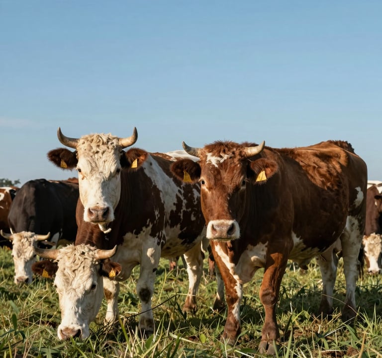 High-quality beef cattle grazing in a sustainable and technologically advanced South American pasture, clear blue sky, professional livestock photography.