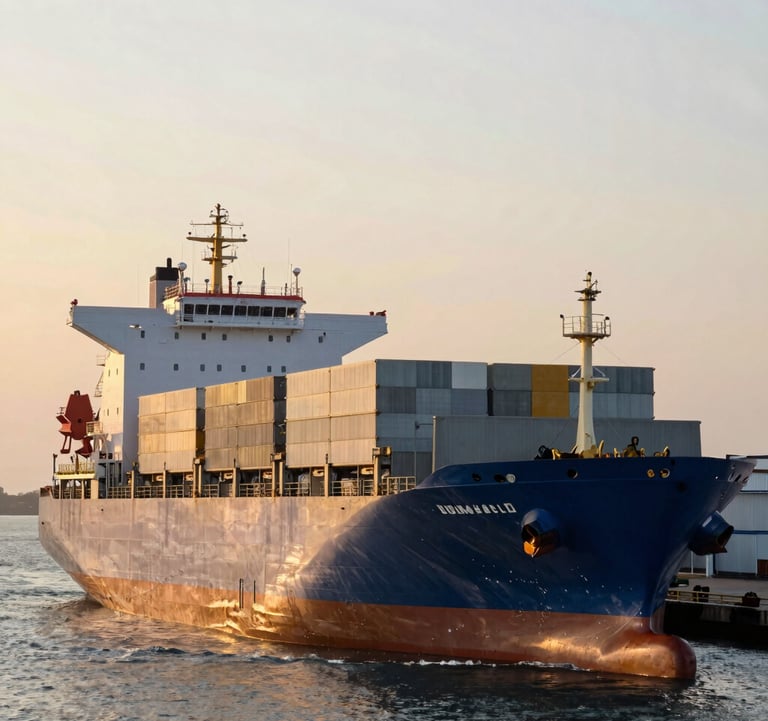 Large cargo ship at a modern Brazilian port being loaded with agricultural commodities, industrial scale, sunset lighting, professional photography.