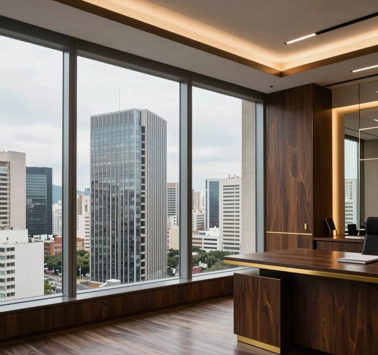 Luxury office interior in a skyscraper in São Paulo, Brazil. View through the window showing the city skyline. The interior is modern and sophisticated, with dark wood, gold accents, and a clean institutional feel. Photography, professional lighting.