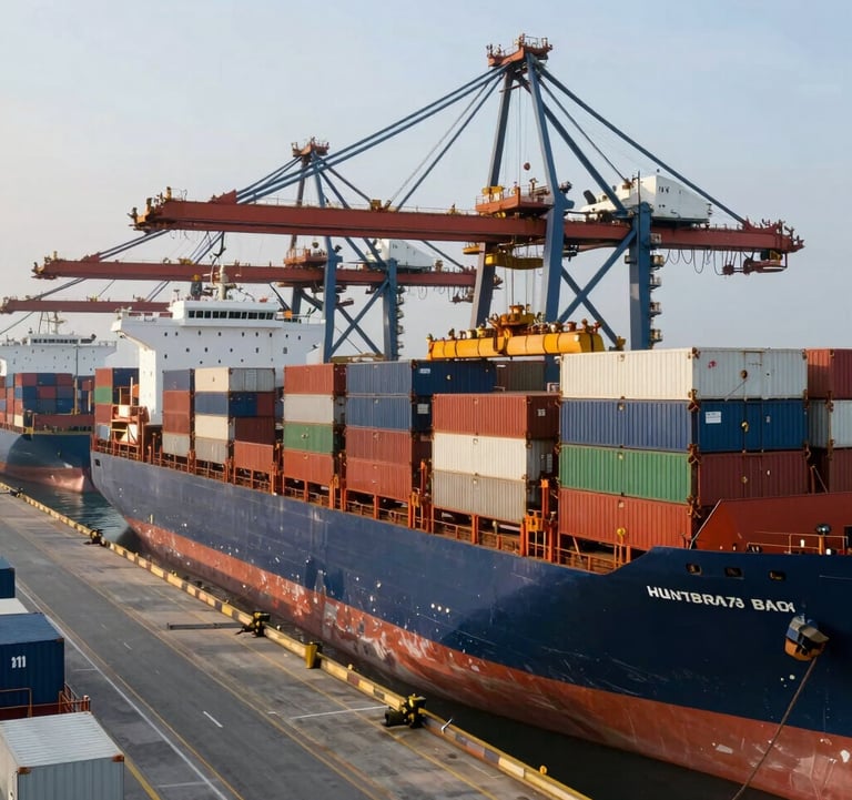 A large grain terminal at a Brazilian port with massive cargo ships being loaded for export, symbolizing global reach and the strength of the commodities market. Industrial and sophisticated aesthetic.