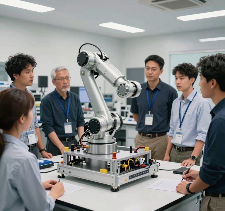 A diverse group of professional engineers in a North American tech lab collaborating around a large robotic chassis. Bright, airy environment.