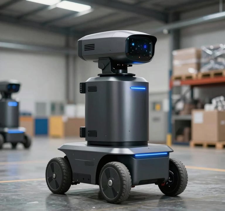 A sharp, professional photograph of an autonomous industrial security robot patrolling a modern warehouse facility in the US. The robot has a metallic charcoal finish with blue indicator lights, conveying reliability.
