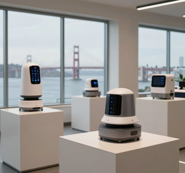 A high-end tech showroom in San Francisco with views of the bay through large windows. Advanced home automation robots are showcased on minimalist off-white pedestals. The lighting is crisp and natural, highlighting the clean lines and professional design of the robotics. North American / US setting.