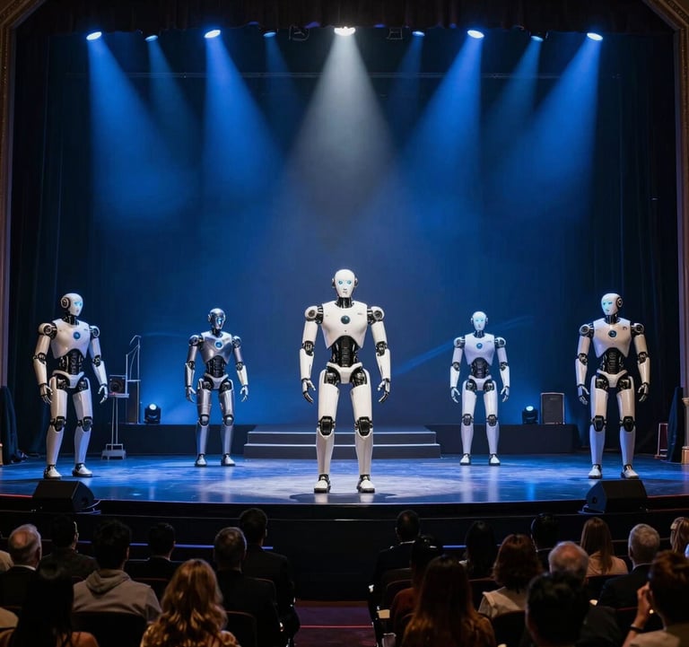 A wide shot of a luxury dinner theatre in Las Vegas. The stage features advanced humanoid robots performing under dramatic blue spotlights. Sophisticated North American / US audience silhouettes in the foreground.