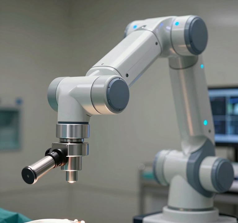 Close-up of a high-tech medical robot arm used for surgery, featuring polished metallic surfaces and soft blue light indicators. Professional North American / US clinic setting.