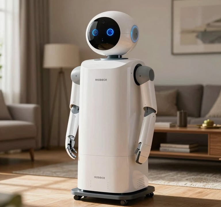 An elegant photography of a domestic helper robot in a luxury North American smart home setting. The robot's design is minimalist and sophisticated, captured in warm, natural morning light.