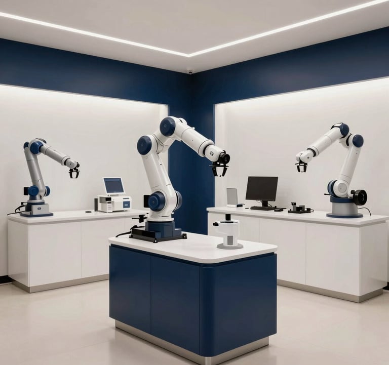 A sophisticated corporate showroom in New York City. The space features industrial and medical robotics on display, accented by navy blue and off-white design elements. The photography is sharp and authoritative, capturing a professional North American business environment.