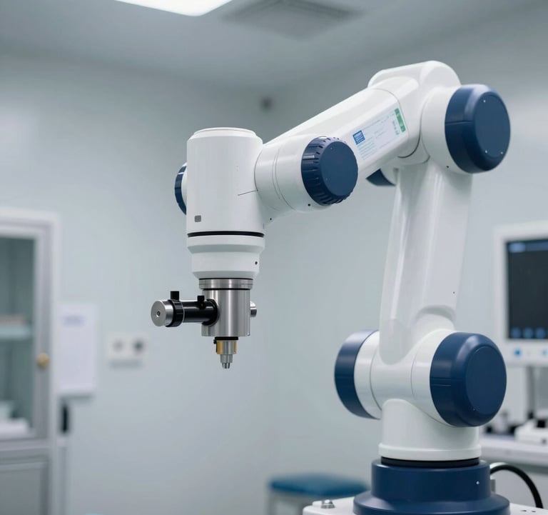 A close-up photography of a high-precision medical robotic arm in a brightly lit, clean North American surgical suite. The robot is white with navy blue accents, reflecting cutting-edge technology and precision.
