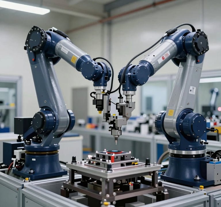 A high-precision industrial robotic arm performing complex assembly in a clean, navy blue and grey themed manufacturing facility in the US.