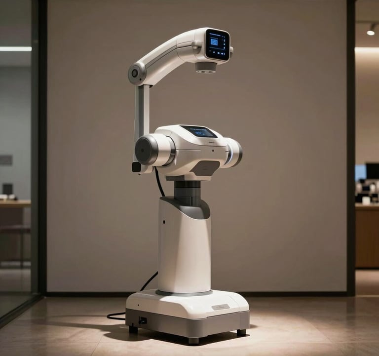 An elegant, minimalist display in the New York showroom featuring a specialized medical robot under a soft spotlight.