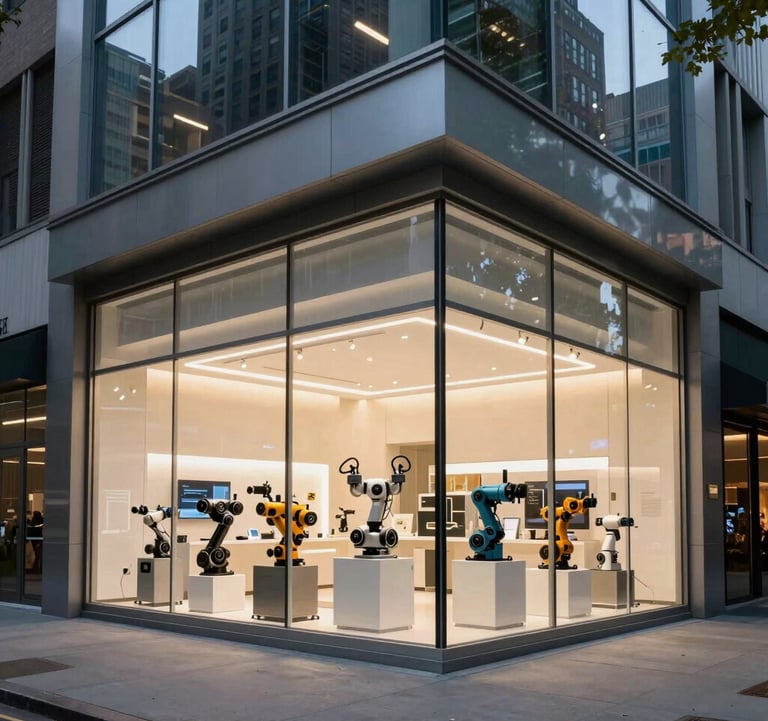 An exterior shot of a modern glass-and-steel showroom in New York City at dusk. The interior is brightly lit, showcasing premium robotics. North American / US urban landscape.