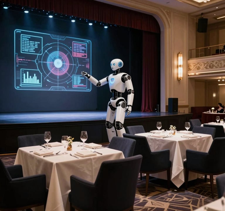 An elegant dinner theatre interior in Las Vegas. The scene shows a grand stage where a sleek, white humanoid robot is interacting with holographic displays. The seating area is sophisticated with dark navy upholstery and off-white tablecloths. Professional North American / US photography style.