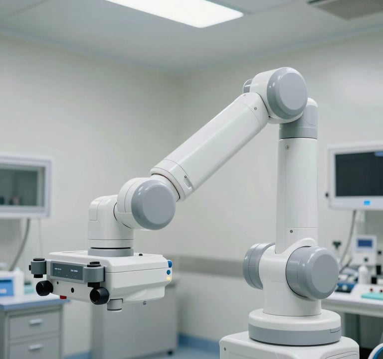 A state-of-the-art medical robotics console in a bright, professional North American surgery suite. The design is ergonomic and clean.