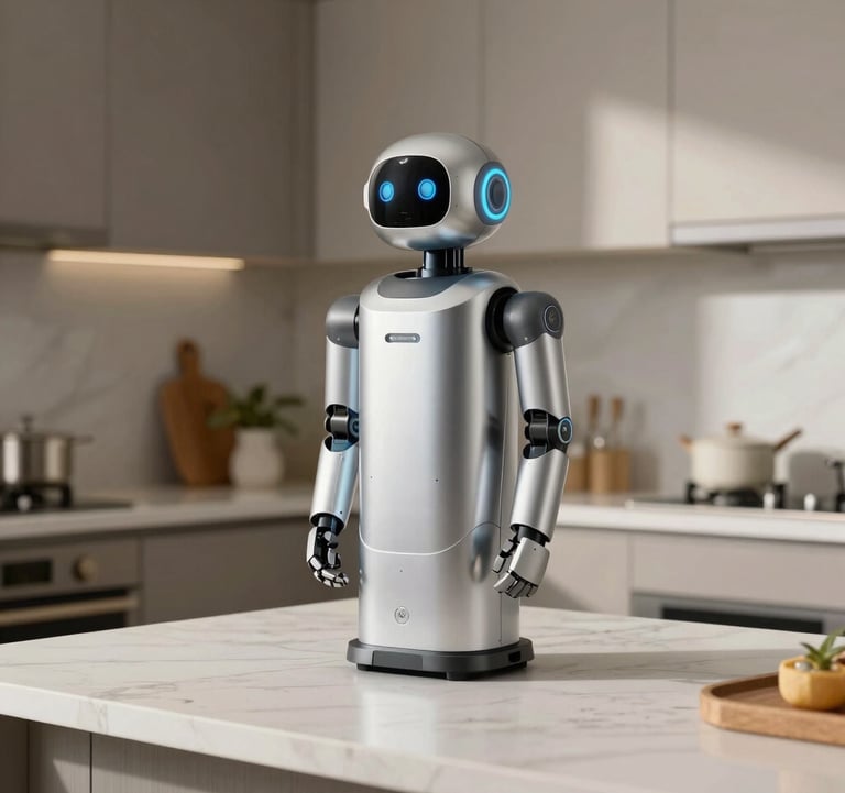A sleek, silver consumer robot assisting in a high-end, modern North American kitchen with off-white marble countertops. Soft morning light.