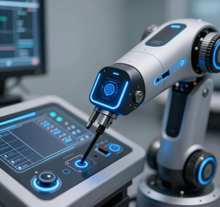 Close-up of a high-tech robotic interface with glowing blue accents and sophisticated sensors. Sharp focus, professional lighting.
