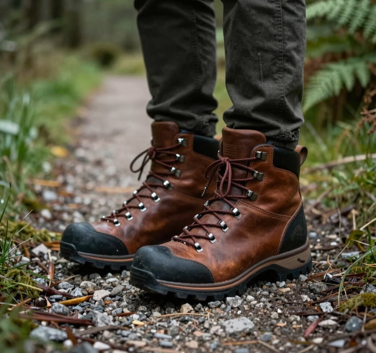 A close-up shot of a pair of high-quality leather hiking boots standing on a gravel path. The path is surrounded by soft seafoam grass and dark forest green ferns. Natural lighting, shallow depth of field.