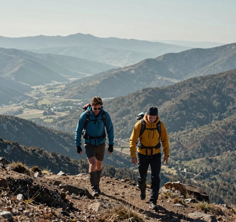 Two professionals in outdoor gear walking side-by-side along a high ridge in the Black Mountains. The background shows a vast expanse of valleys in muted sage and dark forest green.