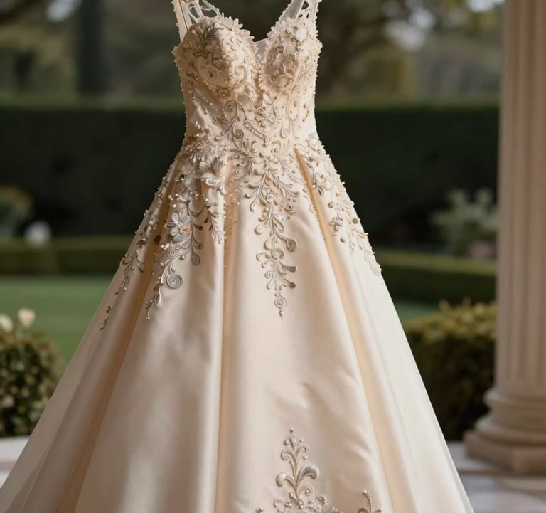 Exquisite detail of a couture silk wedding gown hanging in a high-end suite. Soft gold light catches the intricate silver embroidery and delicate lace. The background is a blurred view of a sophisticated garden.